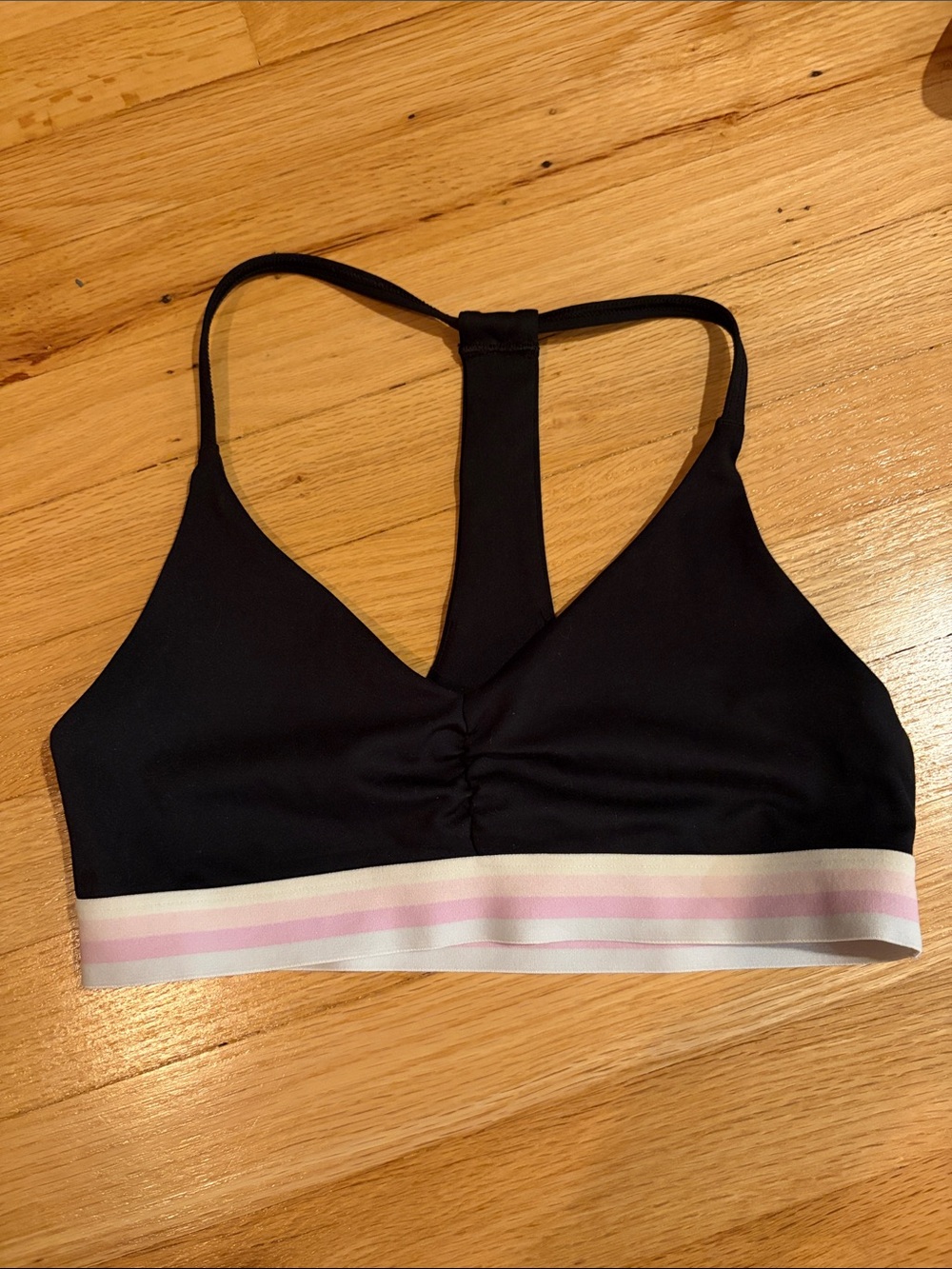 Spiritual Gangster Black Racerback Sports Bralette with Pink-White Striped Band